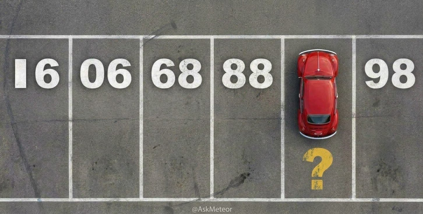 A parking lot with spaces numbered 16, 06, 68, 88, a red car covering one space, then 98.